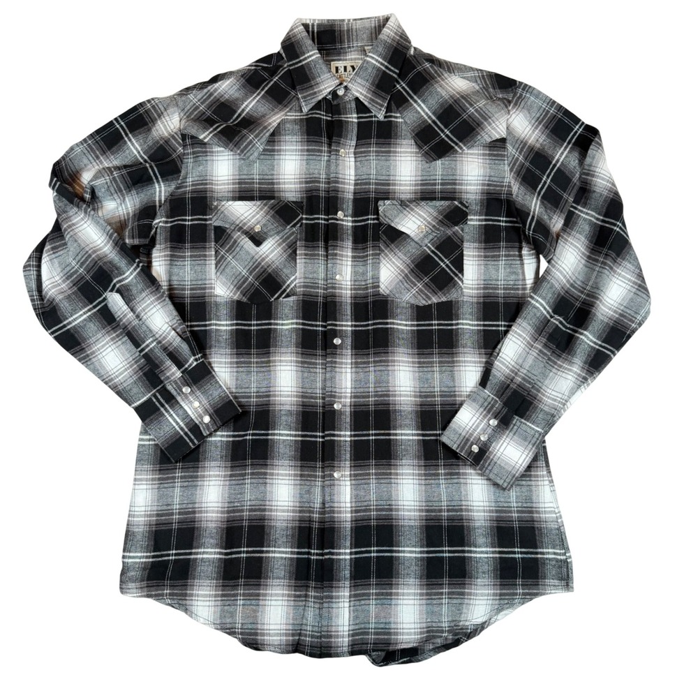 Vtg Ely Cattleman Black White Plaid Western Snap Flannel Shirt M Grunge Western